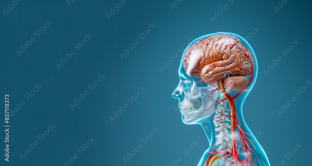 Detailed 3D anatomical illustration of the human brain and upper spinal ...