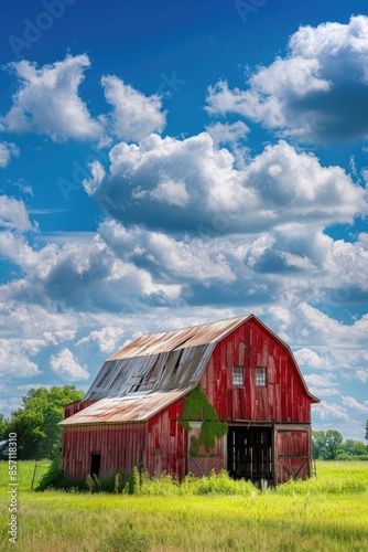 A small red barn standing in a lush green field with clouds in the sky © Fotograf