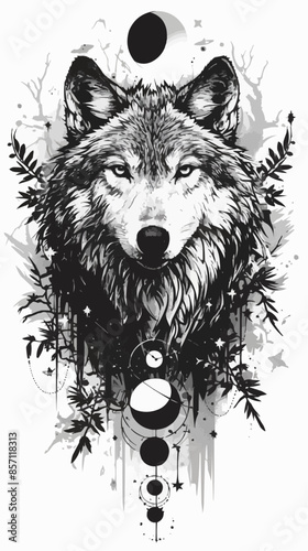 A detailed illustration of a wolf's face with celestial elements, including planets and stars, arranged symmetrically around it. The design merges the mystic essence of the wolf with cosmic themes.