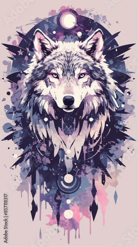 A detailed illustration of a wolf's face with celestial elements, including planets and stars, arranged symmetrically around it. The design merges the mystic essence of the wolf with cosmic themes.