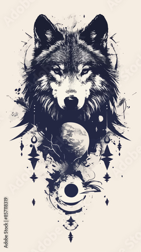 A detailed illustration of a wolf's face with celestial elements, including planets and stars, arranged symmetrically around it. The design merges the mystic essence of the wolf with cosmic themes.
