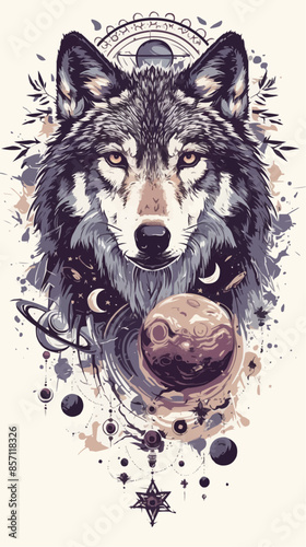 A detailed illustration of a wolf's face with celestial elements, including planets and stars, arranged symmetrically around it. The design merges the mystic essence of the wolf with cosmic themes.