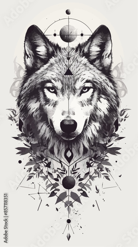 A detailed illustration of a wolf's face with celestial elements, including planets and stars, arranged symmetrically around it. The design merges the mystic essence of the wolf with cosmic themes.