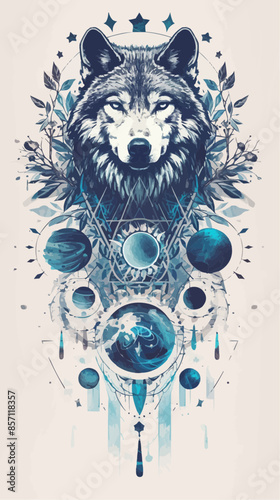 A detailed illustration of a wolf's face with celestial elements, including planets and stars, arranged symmetrically around it. The design merges the mystic essence of the wolf with cosmic themes.
