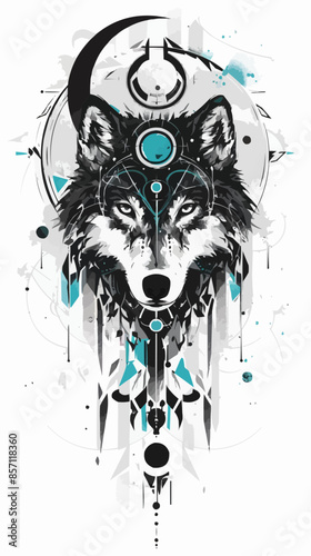 A detailed illustration of a wolf's face with celestial elements, including planets and stars, arranged symmetrically around it. The design merges the mystic essence of the wolf with cosmic themes.