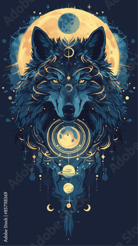 A detailed illustration of a wolf's face with celestial elements, including planets and stars, arranged symmetrically around it. The design merges the mystic essence of the wolf with cosmic themes.