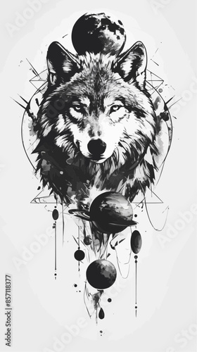 A detailed illustration of a wolf's face with celestial elements, including planets and stars, arranged symmetrically around it. The design merges the mystic essence of the wolf with cosmic themes.