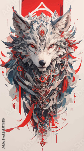 A detailed illustration of a wolf's face with celestial elements, including planets and stars, arranged symmetrically around it. The design merges the mystic essence of the wolf with cosmic themes.