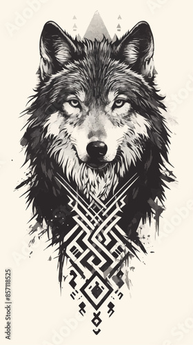 A detailed illustration of a wolf's face with celestial elements, including planets and stars, arranged symmetrically around it. The design merges the mystic essence of the wolf with cosmic themes.