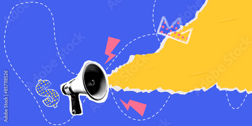 Copy space template for pop collage, colorful. Megaphone and space for text Vector