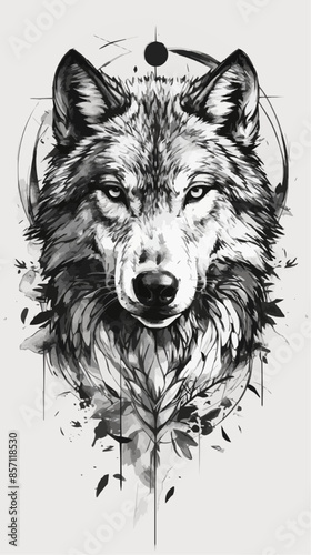 A detailed illustration of a wolf's face with celestial elements, including planets and stars, arranged symmetrically around it. The design merges the mystic essence of the wolf with cosmic themes.