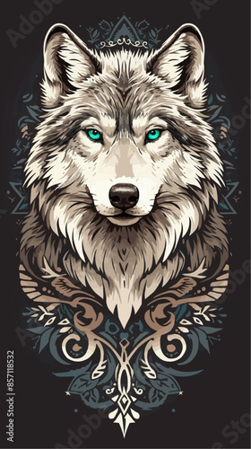 A detailed illustration of a wolf's face with celestial elements, including planets and stars, arranged symmetrically around it. The design merges the mystic essence of the wolf with cosmic themes.