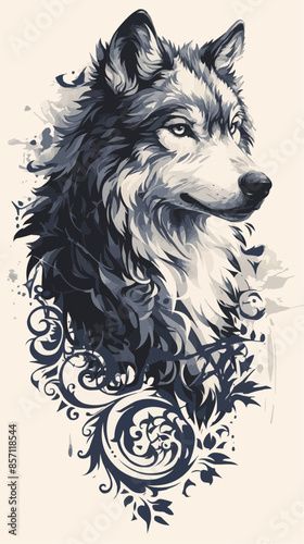 A detailed illustration of a wolf's face with celestial elements, including planets and stars, arranged symmetrically around it. The design merges the mystic essence of the wolf with cosmic themes.