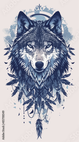 A detailed illustration of a wolf's face with celestial elements, including planets and stars, arranged symmetrically around it. The design merges the mystic essence of the wolf with cosmic themes.