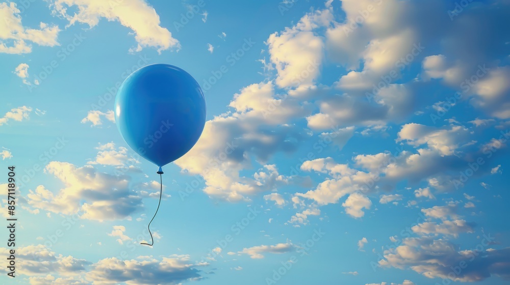 Obraz premium A blue balloon floats high above the ground amidst cloudy skies