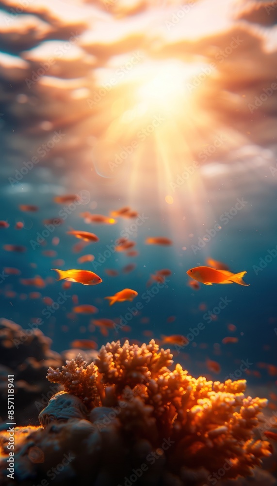 A school of fish swim above a coral reef in a sunlit ocean. The sun's rays pierce the water, creating a dramatic scene. A school of fish swim above a coral reef in a sunlit ocean. The sun's rays pierce the water, creating a dramatic scene.
