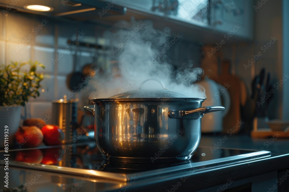 A pot is boiling on a stovetop, releasing steam into the air A pot is boiling on a stovetop, releasing steam into the air
