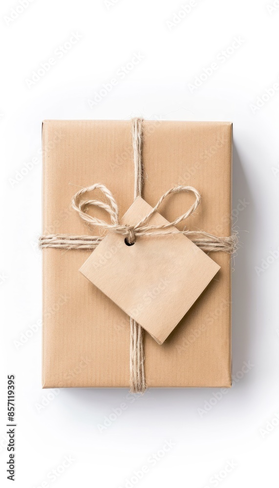 A simple brown gift box tied with twine and a blank tag on a white background.