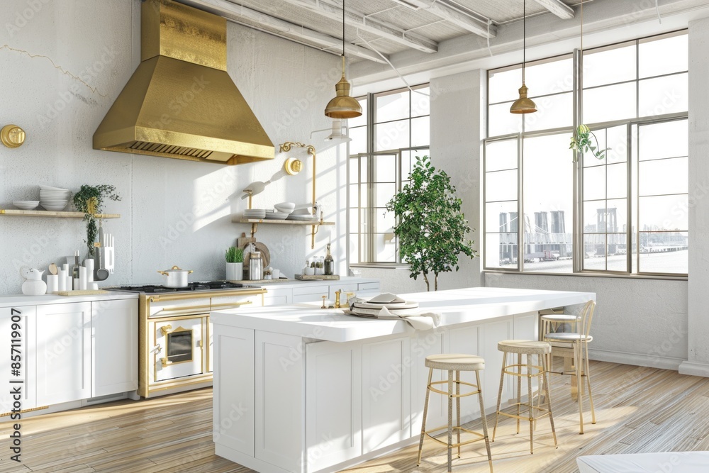 A modern kitchen with white cabinets and walls featuring a gold-colored hood above an island A modern kitchen with white cabinets and walls featuring a gold-colored hood above an island
