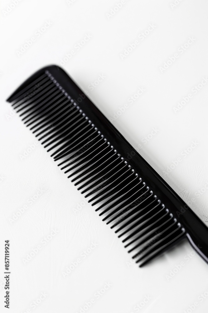 A single black comb sits on a white table, waiting for use A single black comb sits on a white table, waiting for use