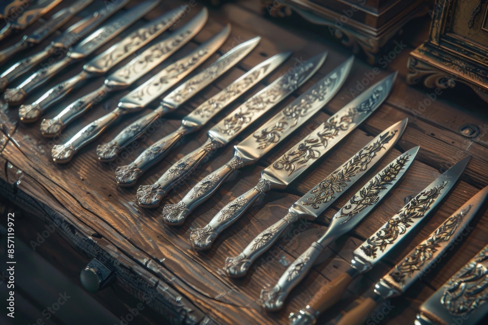 A collection of knives resting on a wooden surface, ideal for use in still life photography or to depict a scene from a thriller film A collection of knives resting on a wooden surface, ideal for use in still life photography or to depict a scene from a thriller film