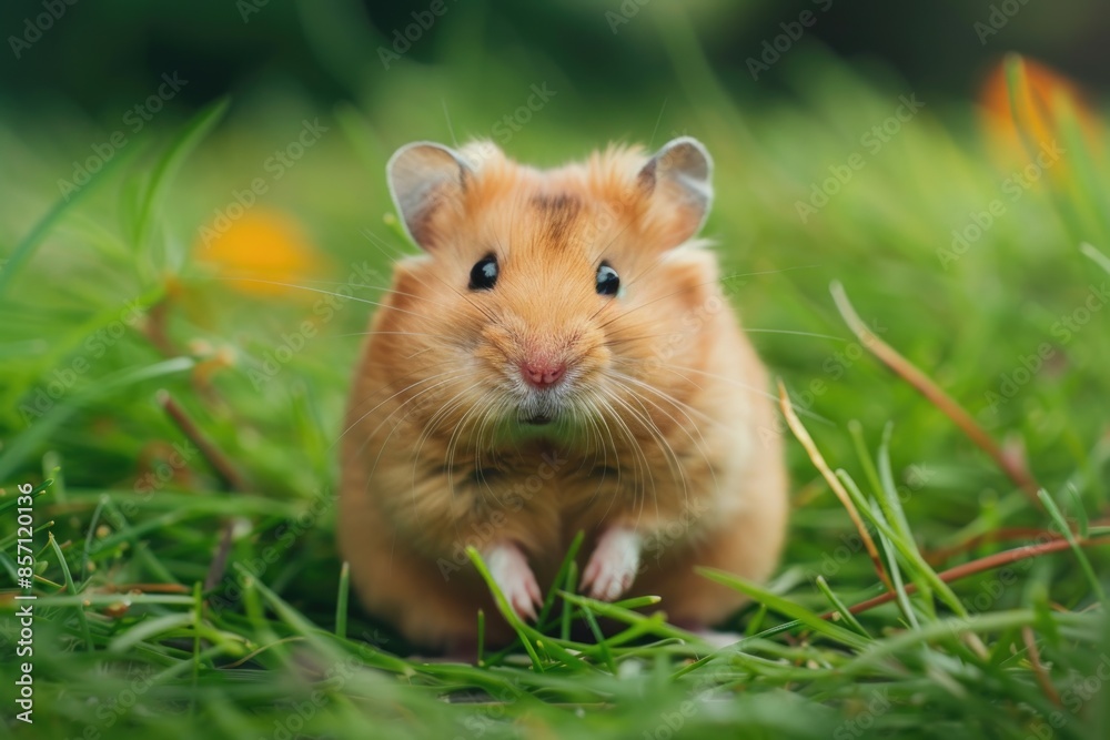 A hamster sits in the grass, looking directly at the camera A hamster sits in the grass, looking directly at the camera