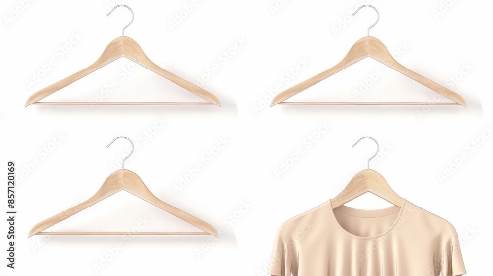 Four wooden hangers holding shirts in place, suitable for closet organization or storage Four wooden hangers holding shirts in place, suitable for closet organization or storage