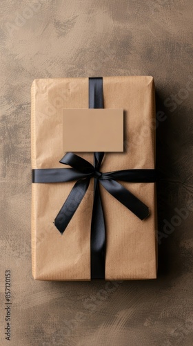 A simple, elegant brown gift box tied with a black ribbon and a blank gift tag, perfect for a minimalist or rustic celebration.