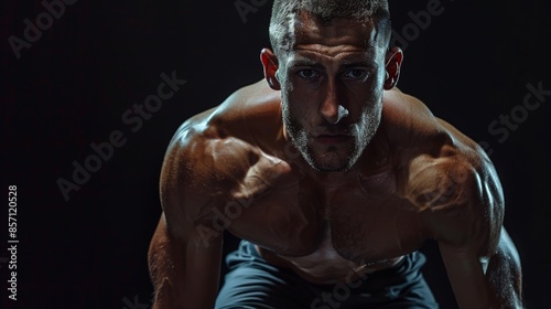 Caucasian professional male athlete, extreme athlete training isolated on black studio background