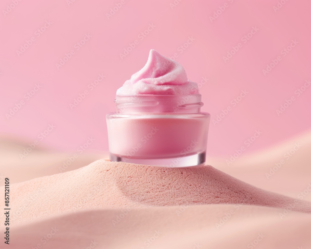 A small glass jar of pink cream with a swirl of cream on top sits on a pile of pink sand.