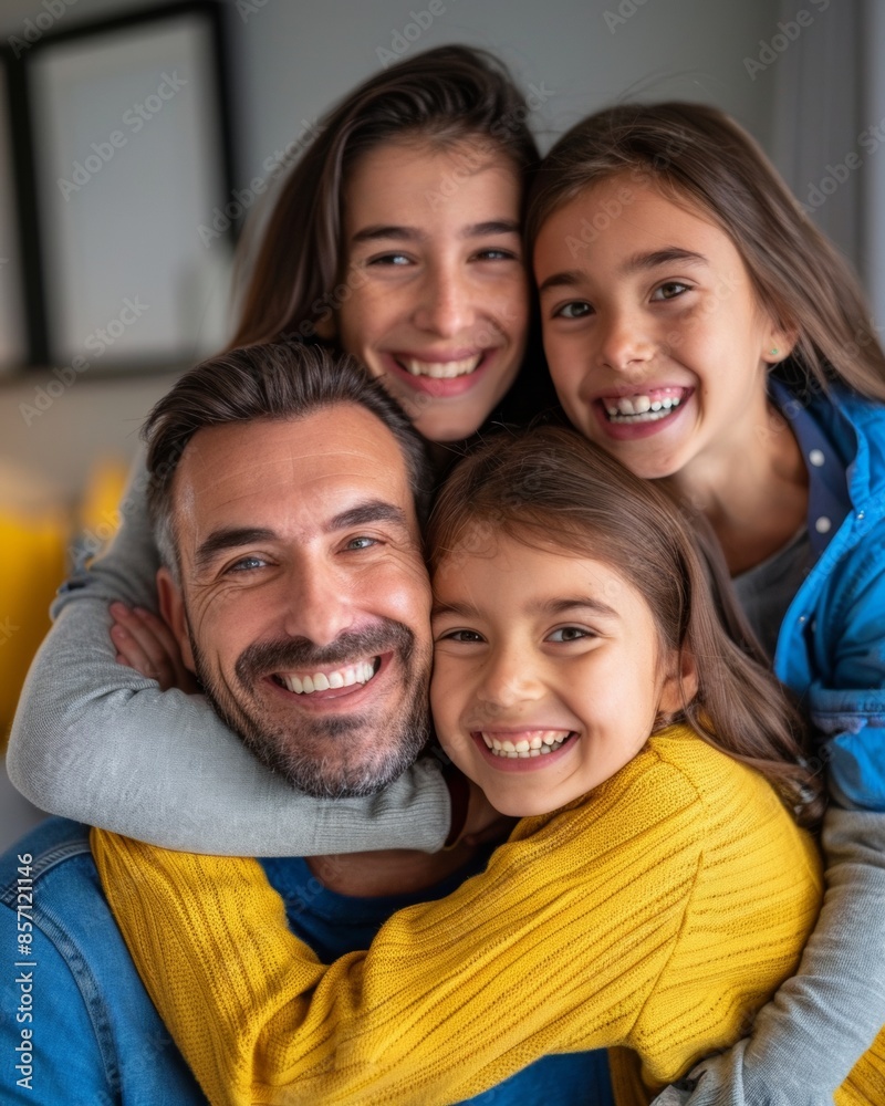 Happy Family Enjoying Quality Time at Home, Featuring Smiling Father, Mother and Two Daughters in Casual Wear Happy Family Enjoying Quality Time at Home, Featuring Smiling Father, Mother and Two Daughters in Casual Wear