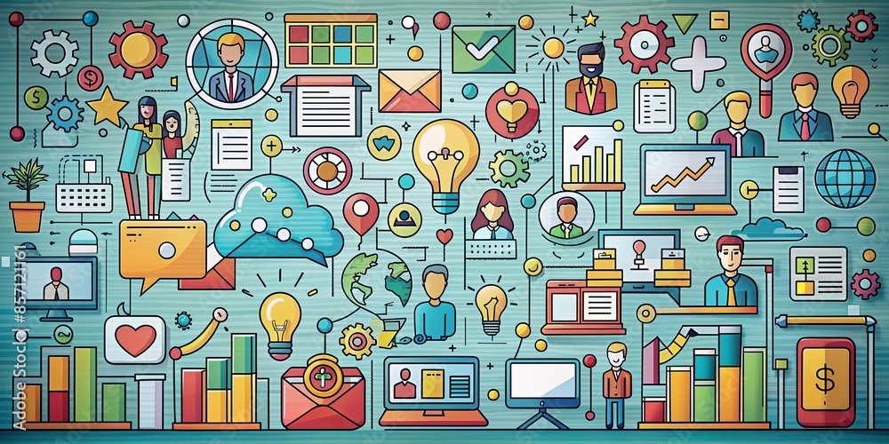 A colorful and busy image with many different shapes and people