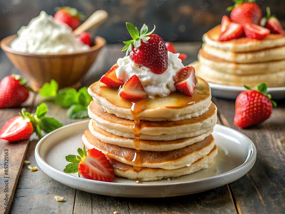 Delicious Pancakes with Strawberries and Whipped Cream.