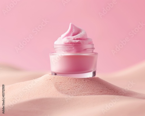 Obraz na płótnie A small glass jar of pink cream with a swirl of cream on top sits on a pile of pink sand. w salonie