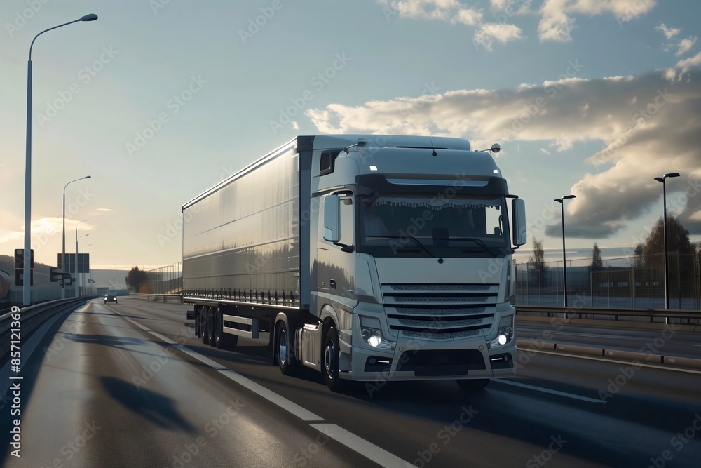 White semi truck hauling cargo delivering highway freight transport, long distance logistics trucking White semi truck hauling cargo delivering highway freight transport, long distance logistics trucking