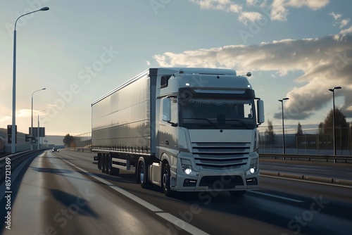 White semi truck hauling cargo delivering highway freight transport, long distance logistics trucking