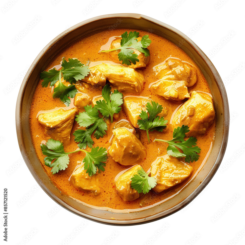 Delicious Indian butter chicken curry garnished with fresh cilantro in a bowl, perfectly cooked and vibrant in color. Delicious Indian butter chicken curry garnished with fresh cilantro in a bowl, perfectly cooked and vibrant in color.