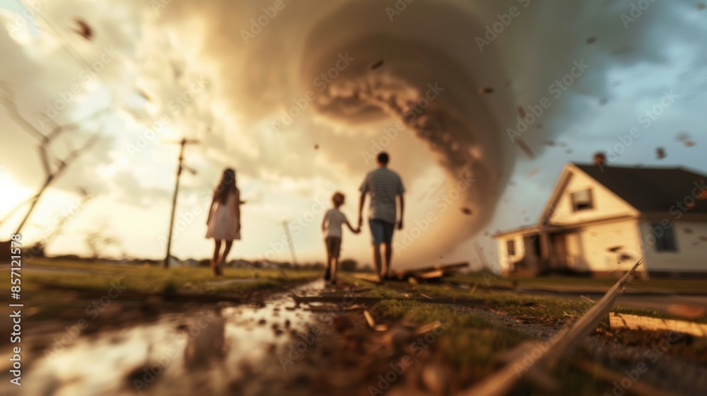 Fototapeta premium Urgent Family Evacuation During Tornado Warning: Diverse Parents and Children Flee Home, Debris Scattered, Intense Natural Lighting