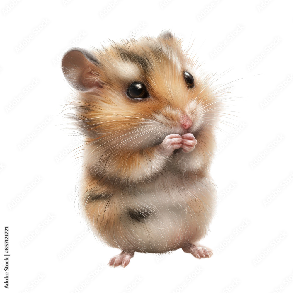 Cute hamster standing upright with little hands clasped, looking curious and adorable, isolated on a white background. Cute hamster standing upright with little hands clasped, looking curious and adorable, isolated on a white background.