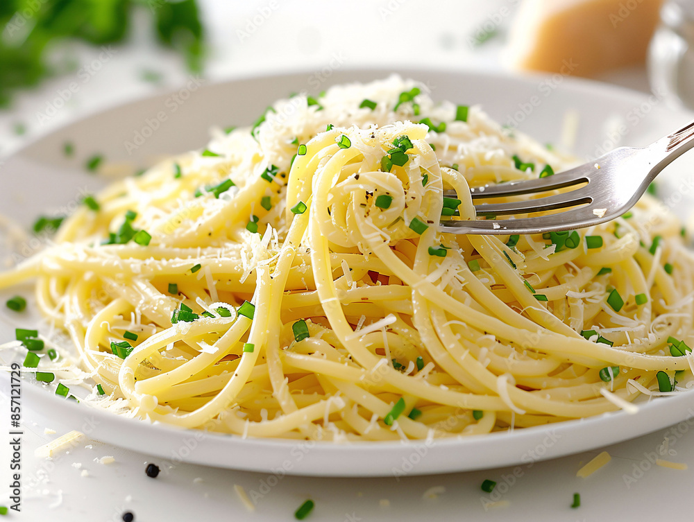 classic spaghetti with Parmesan and fresh parsley on a pristine white plate, perfect for a quick, elegant Italian meal classic spaghetti with Parmesan and fresh parsley on a pristine white plate, perfect for a quick, elegant Italian meal