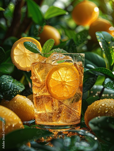 Iced tea with a lemon slice, summerthemed background, space for text above photo