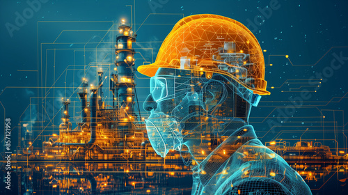 Worker safety. Work safety protection equipment concept. Illustration of a worker wearing a safety helmet, protective glasses and mask. Factory background.