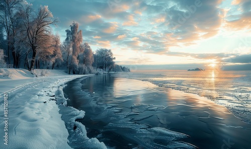 Icy lake in winter photo