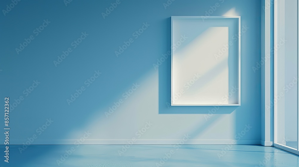 Empty White Frame on Light Blue Wall With Sunlight Streaming Through Window