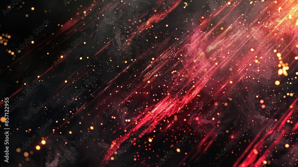 Fototapeta premium Bold black and crimson streaks with glowing effects and golden flecks attention-grabbing background