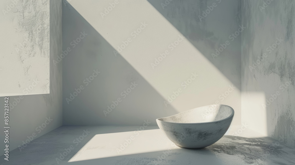A white concrete bowl sits on a white floor in a room with concrete walls. Sunlight streams through a window, casting a shadow on the floor A white concrete bowl sits on a white floor in a room with concrete walls. Sunlight streams through a window, casting a shadow on the floor
