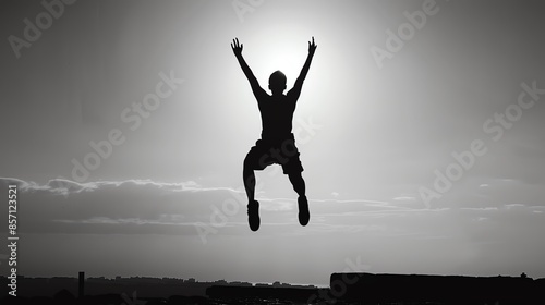 Silhouette of a person jumping in the air, celebratory pose, Human Silhouette, Freedom and exhilaration