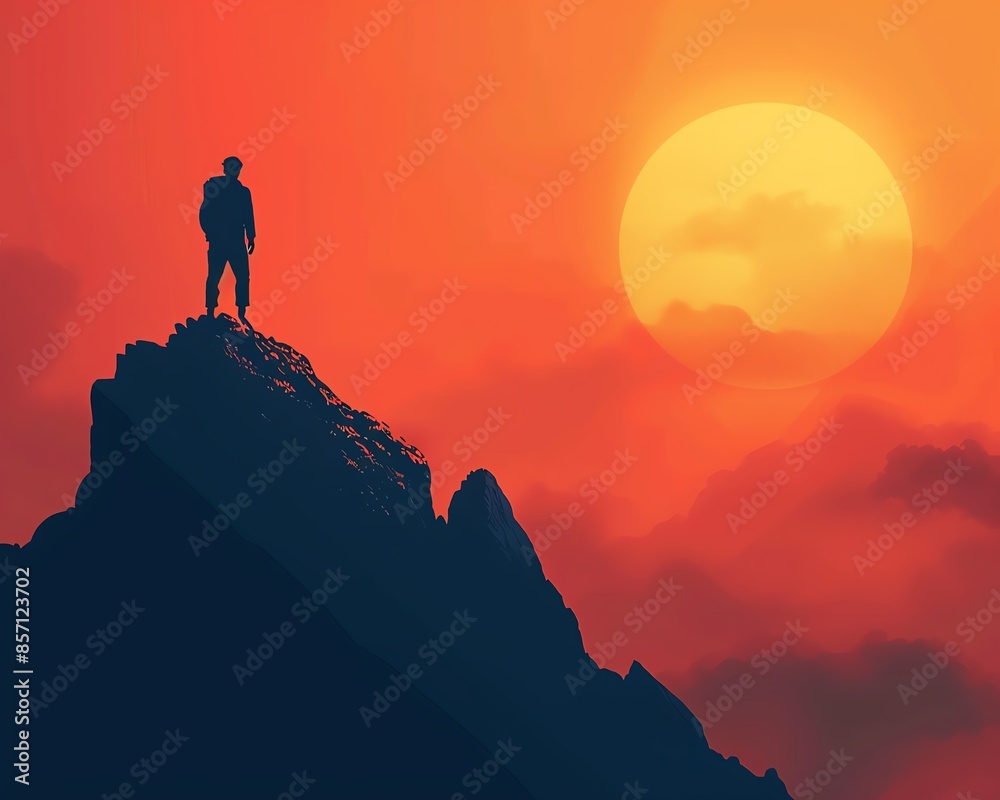 Silhouette of a person standing on a mountain peak, sunrise, Human Silhouette, Achievement and adventure Silhouette of a person standing on a mountain peak, sunrise, Human Silhouette, Achievement and adventure