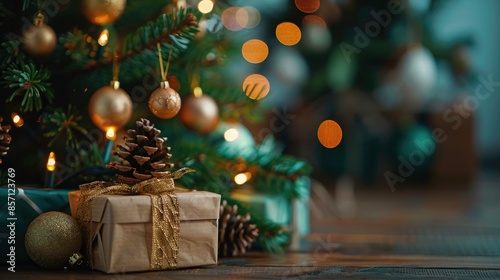 Christmas greeting card background christmas tree with decoration and gift box, behind view a blur solid color background