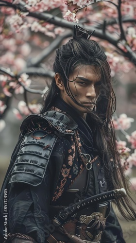 photo ofJapanese samurai with long hair,near Sakura and Japan garden in the background photo